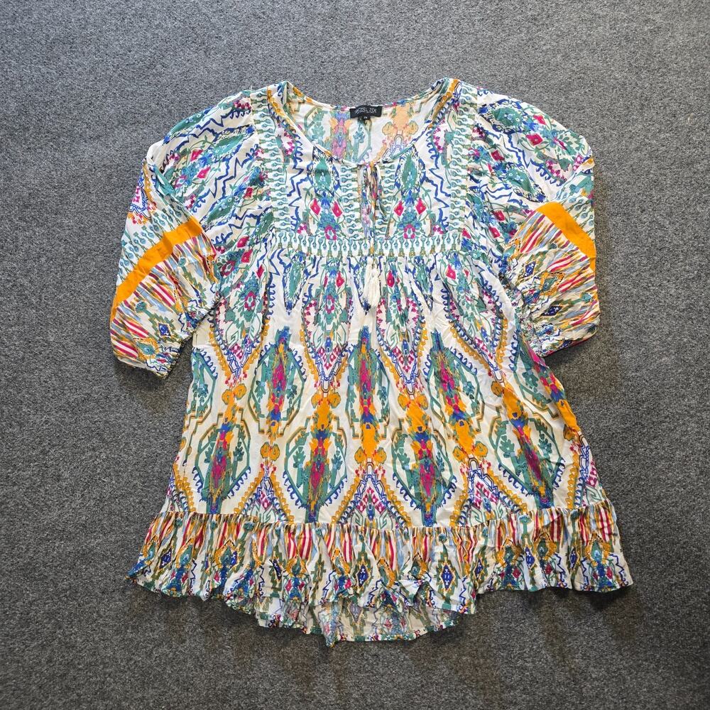 Rachel Zoe Top Womens Size 2X White Green Boho Peasant Tunic Ruffle Hem Casual